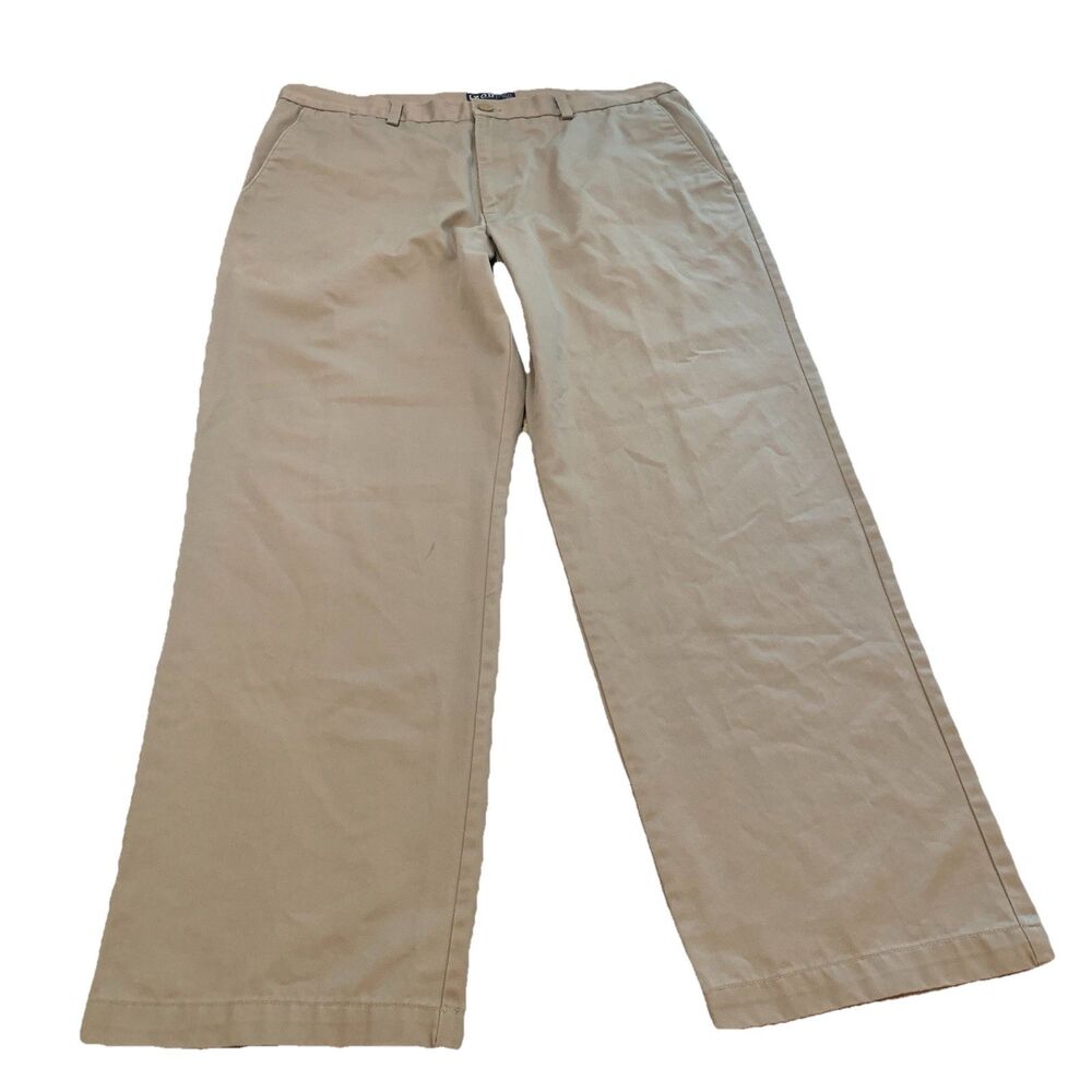 Izod Slacks Mens 38x32 Khaki American Chino Straight Fit Flat Front 100% Cotton.
